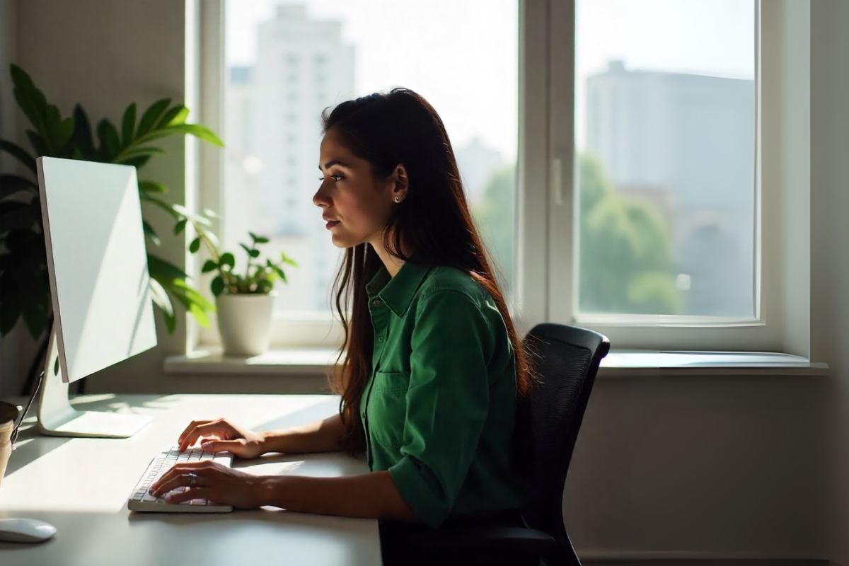 Empresária lendo artigo em seu computador sobre: Como validar uma assinatura digital: saiba se o documento é autêntico.
