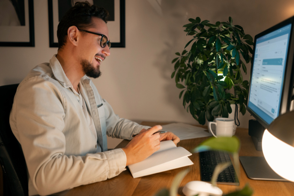 Homem em ambiente de escritório residencial sentado em frente a um computador que está sobre uma mesa com uma xícara e um vaso de plantas fazendo anotações em uma agenda/caderneta referente à: Validação de assinatura digital: o que é?