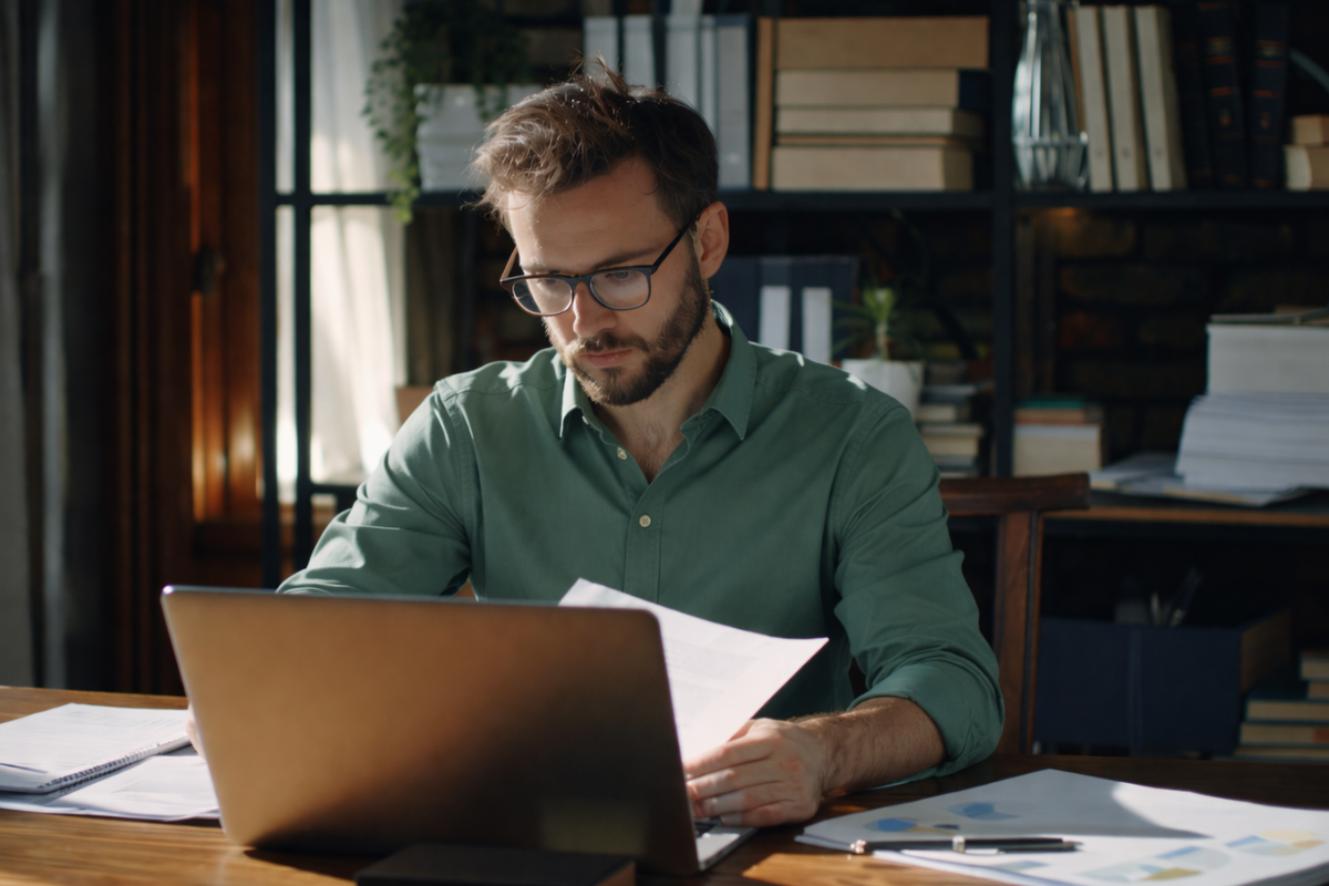 Homem usando notebook sobre uma mesa sentado em ambiente home office representando: A tributação no destino pode afetar o CFOP?