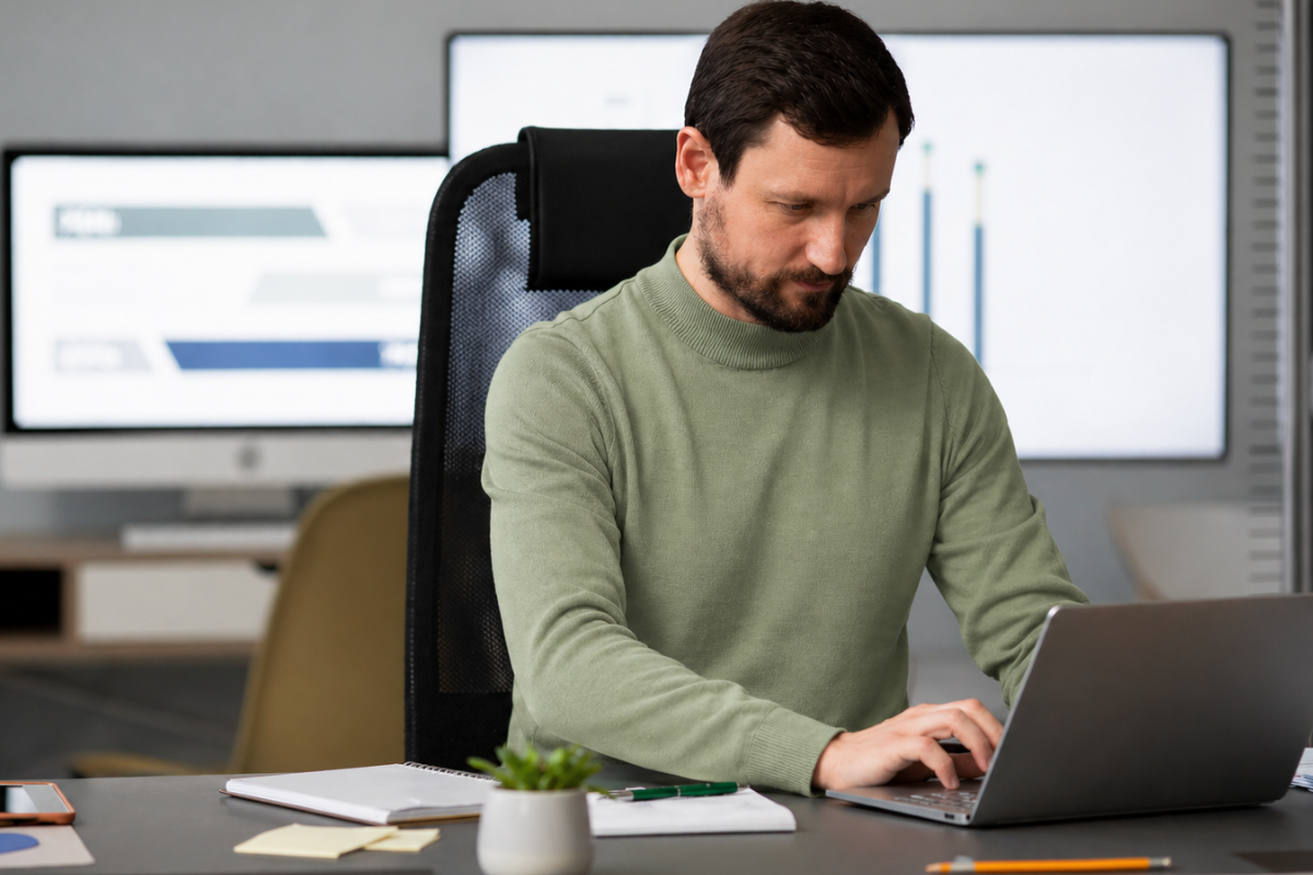 Homem usando notebook sobre uma mesa sentado em ambiente home office representando: Como fazer meu escritório de contabilidade crescer?