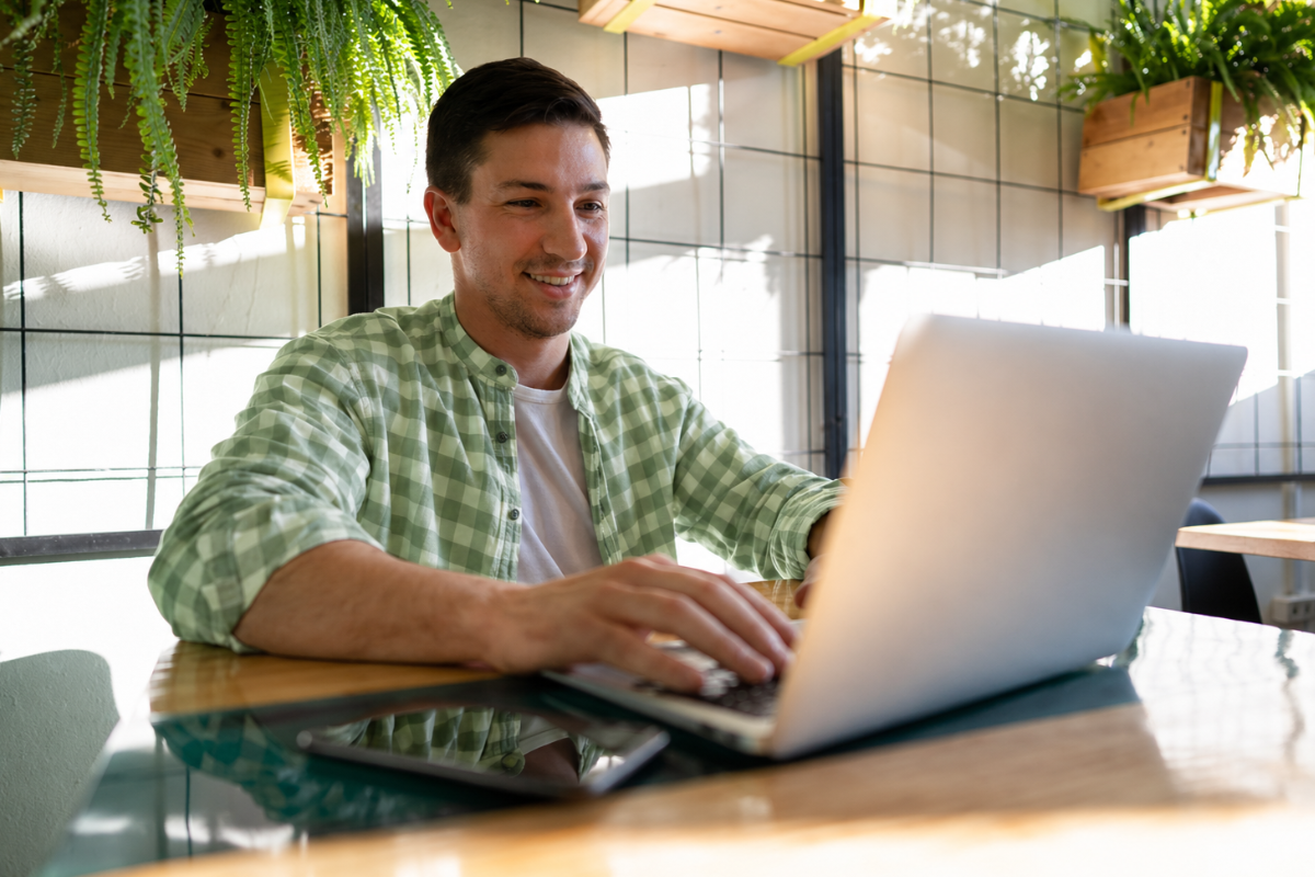 Homem usando notebook sobre uma mesa sentado em ambiente home office representando: Como ganhar dinheiro revendendo ERP.