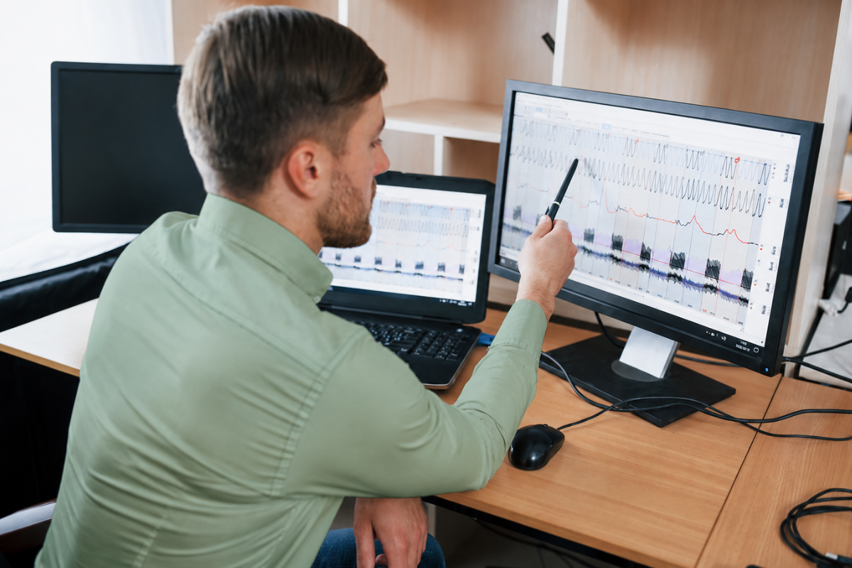 Homem sentado em frente a dois monitores de computador e um notebook analisando relatórios e gráficos em ambiente de escritório representando: Contabilidade consultiva: o que é e como funciona?